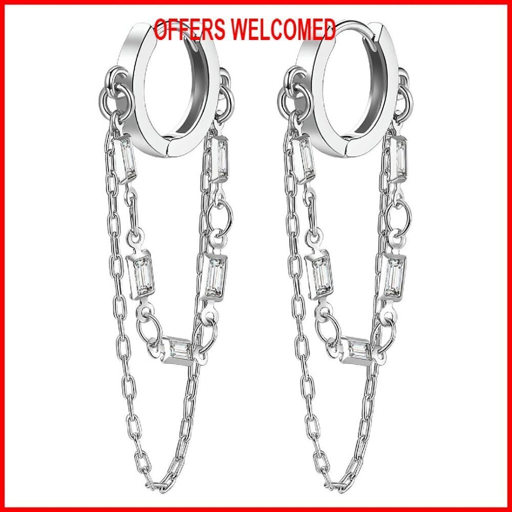 14K Gold Plated Huggie Earrings with Tassel Chain Dangle CZ Sparkle